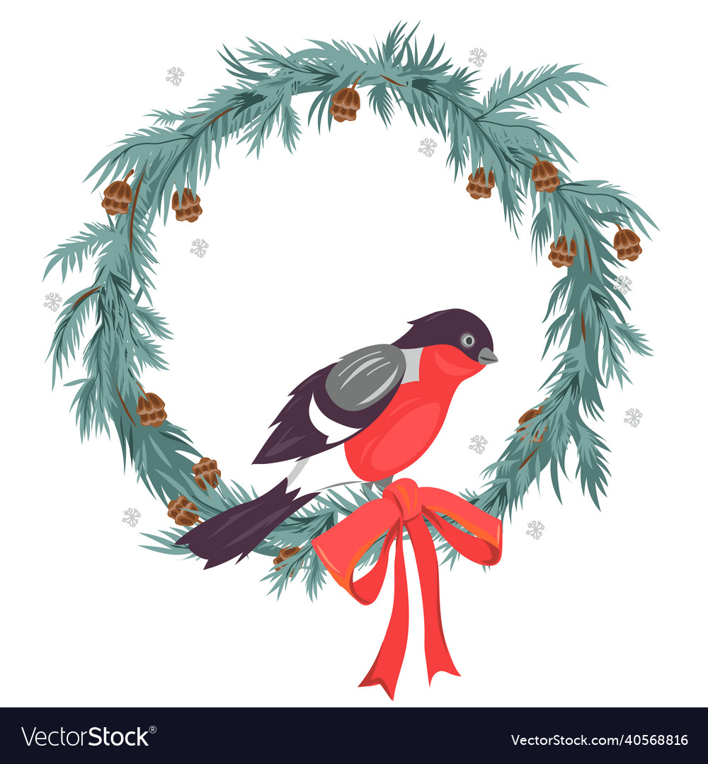 Winter bullfinch bird on christmas wreath flat