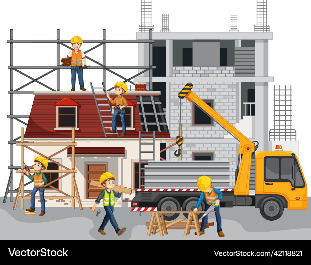 Isolated construction site with workers Royalty Free Vector