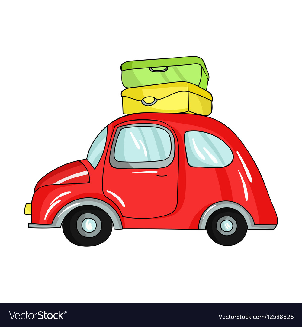 Red car with a luggage on the roof icon in cartoon