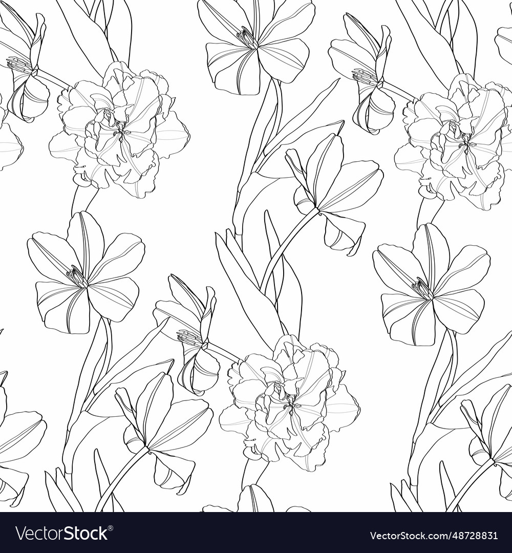 Black line tulips seamless pattern background