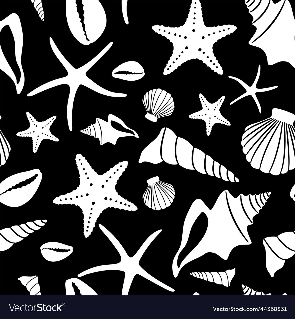 Boho seamless pattern with monochrome conch shells