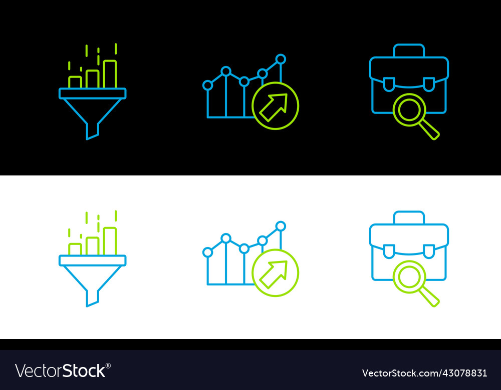 Set line work search sales funnel with chart vector image Set line work search sales funnel with chart