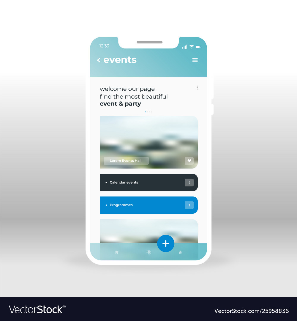 Blue events ui ux gui screen for mobile apps