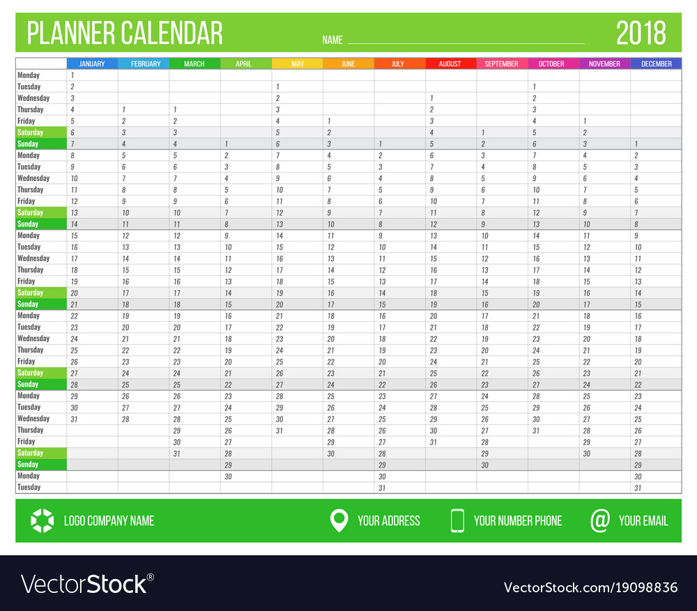 english calendar planner for year 2018 12 months 12 months in a year