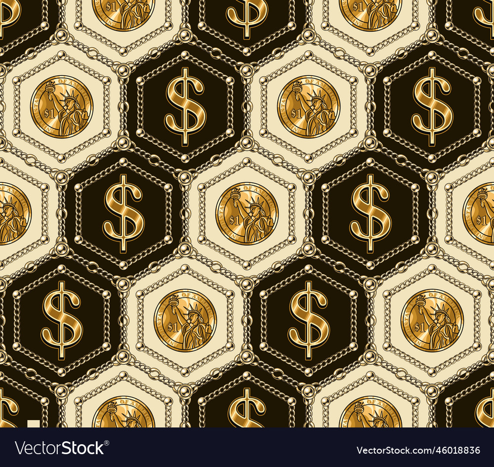 Hexagonal diagonal pattern with shiny gold dollar vector image Hexagonal diagonal pattern with shiny gold dollar