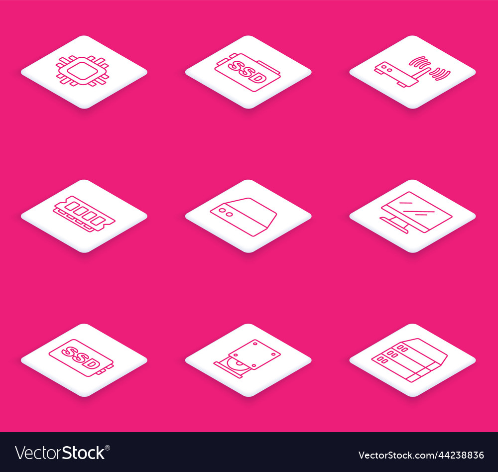 Set line processor with cpu ssd card router vector image Set line processor with cpu ssd card router