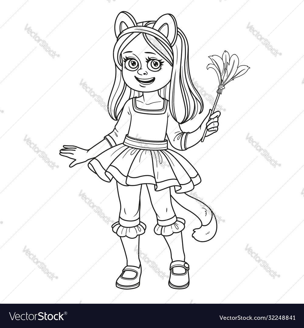 Cute girl in cat costume outlined for coloring