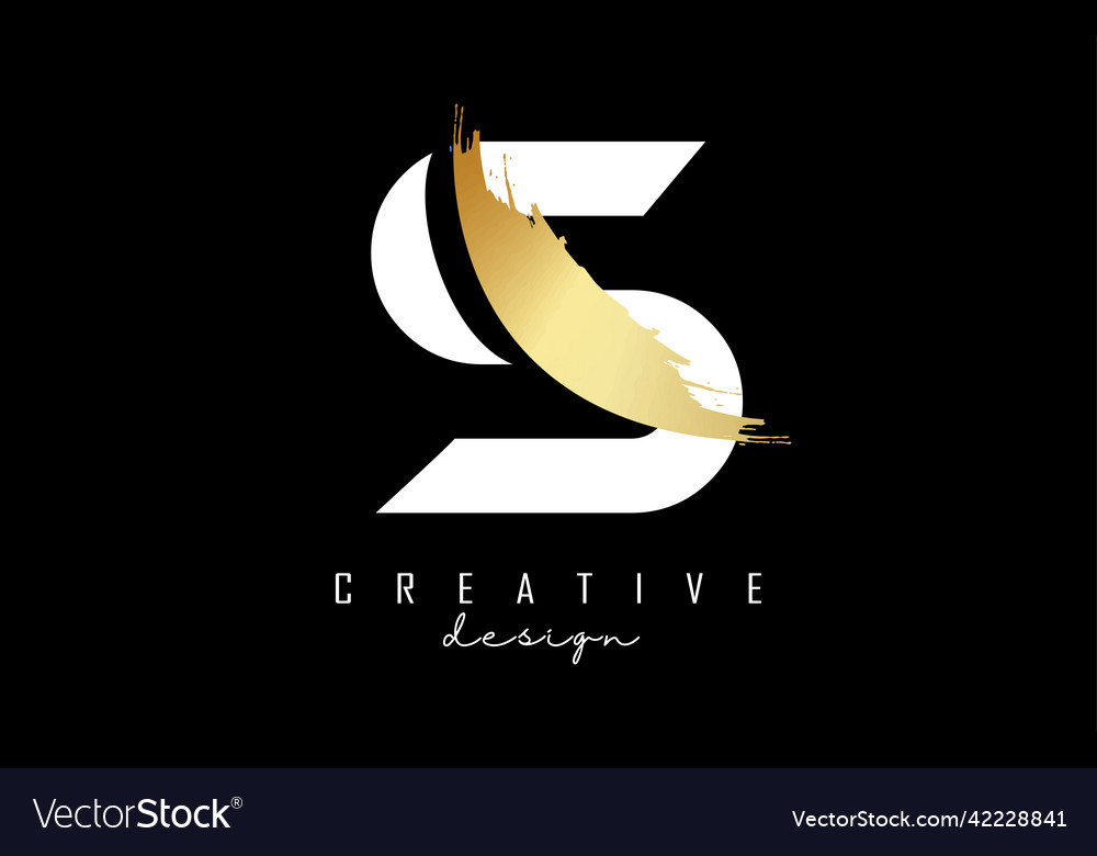 White letter s logo with golden brush stroke Vector Image