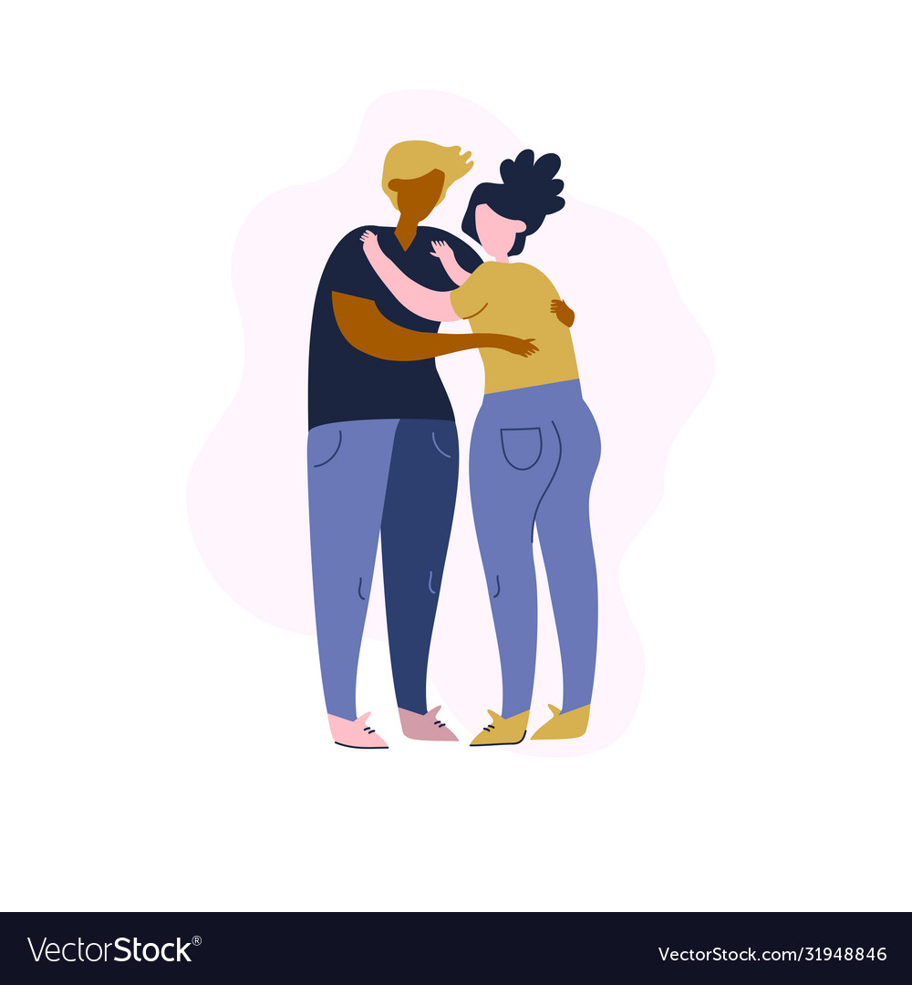 Dark-skinned man hug light-skin woman