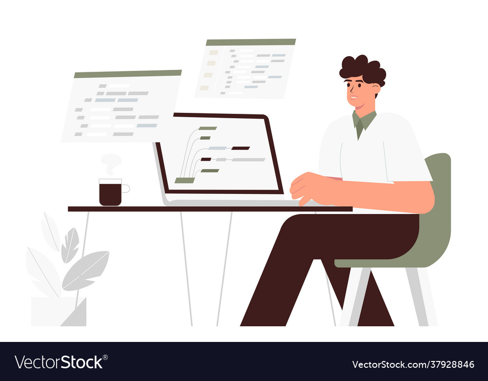 Programmer works on a laptop at table