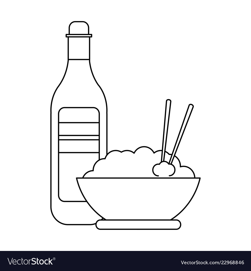 Rice Bowl And Drink Bottle Black And White Vector Image