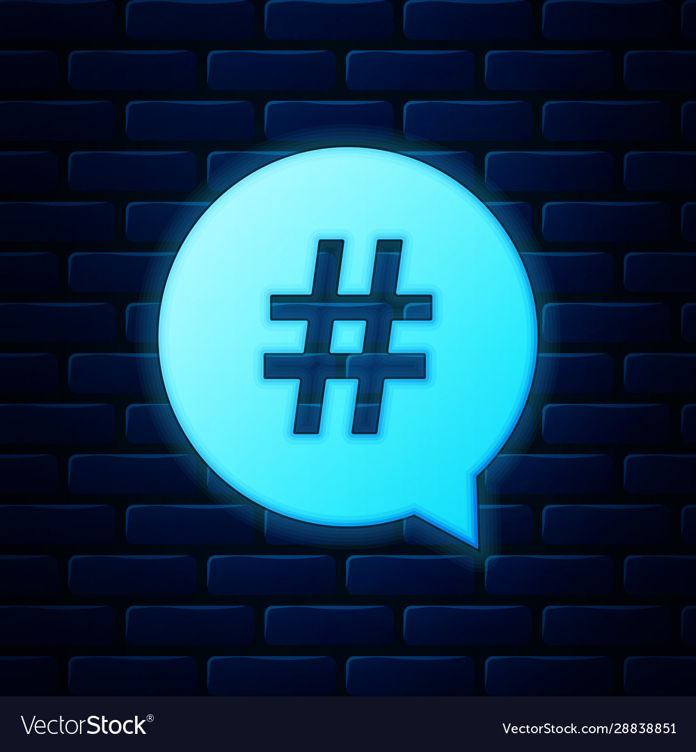 Glowing neon hashtag in circle icon isolated