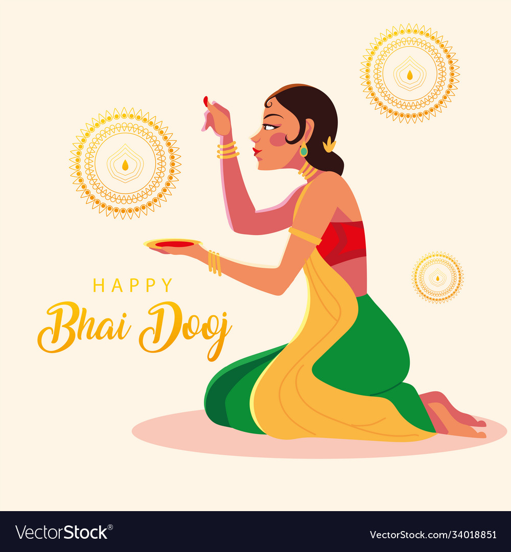 Happy bhai dooj and indian woman cartoon with bowl Happy bhai dooj and indian woman cartoon with bowl