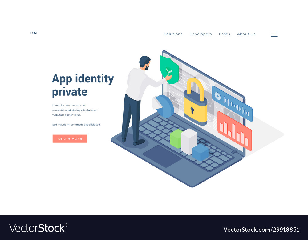 Man using private app on laptop isometric vector image Man using private app on laptop isometric