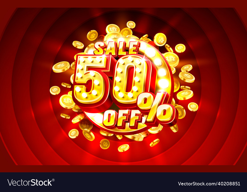 Scene golden 50 sale off text banner night sign Vector Image Scene golden 50 sale off text banner night sign