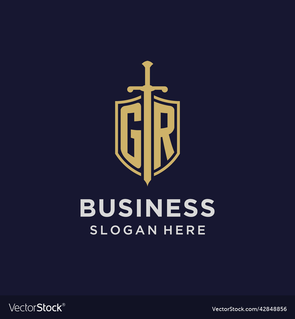 Gr logo initial monogram with shield and sword