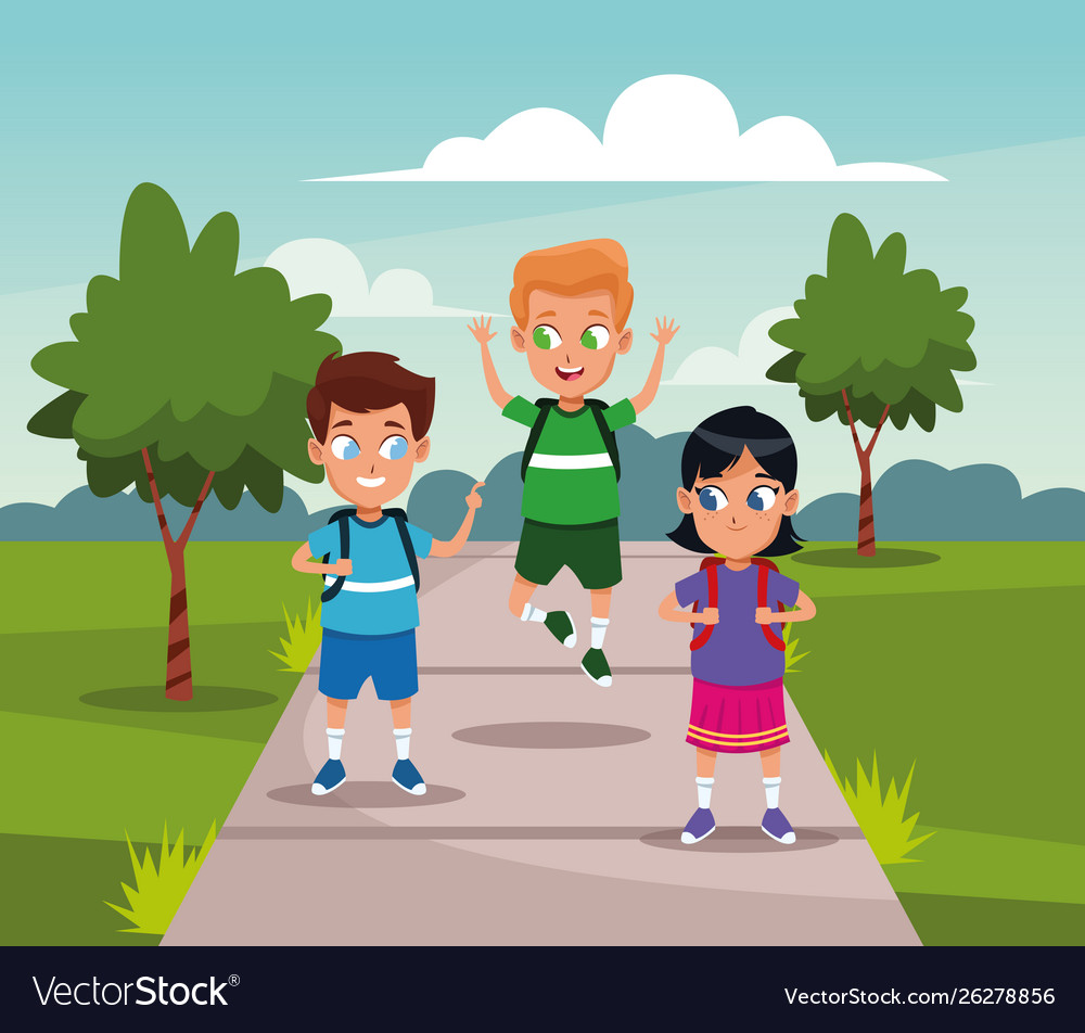 School kids with backpack at park Royalty Free Vector Image