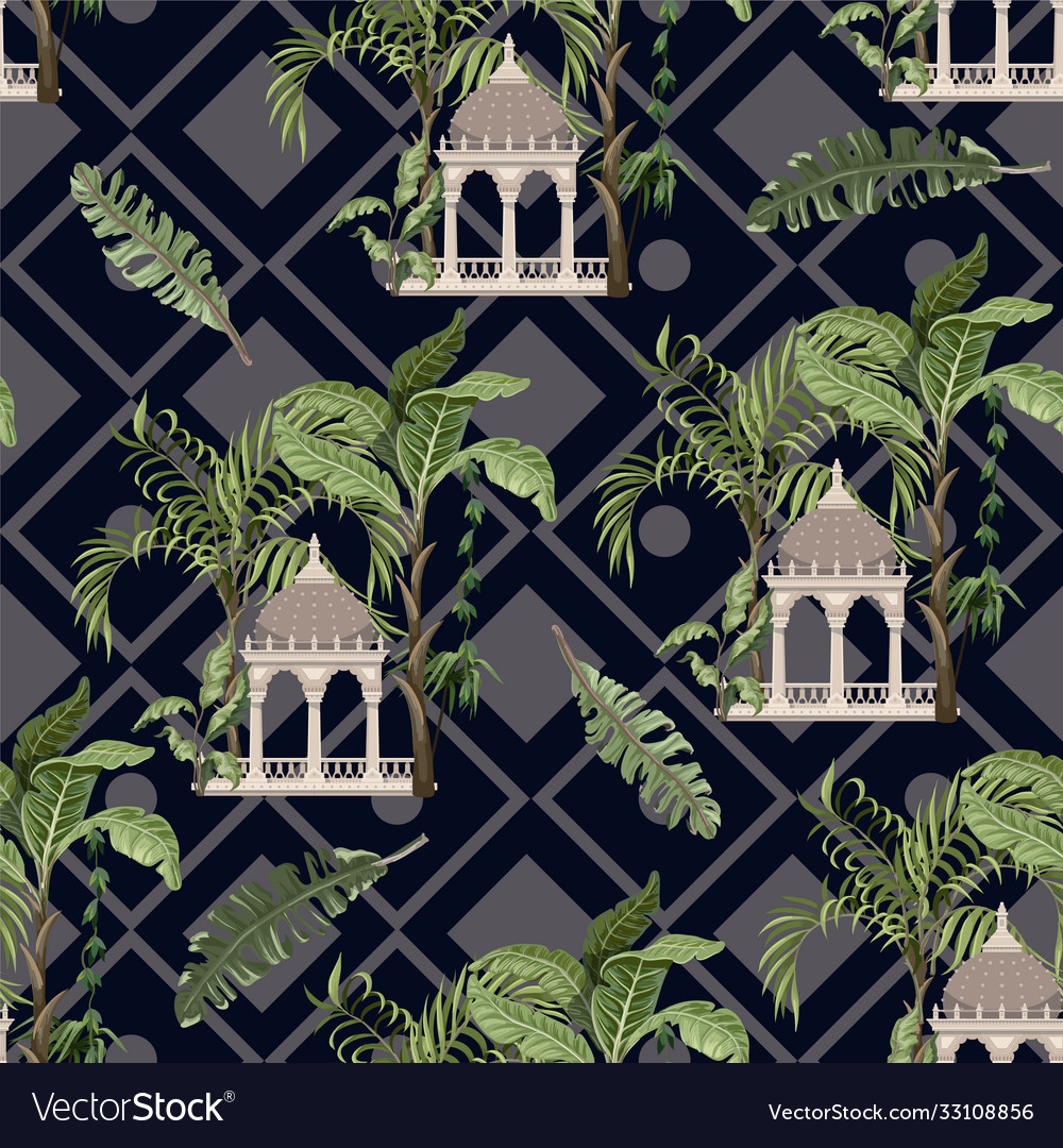 Seamless pattern with jungle trees and ancient vector image Seamless pattern with jungle trees and ancient