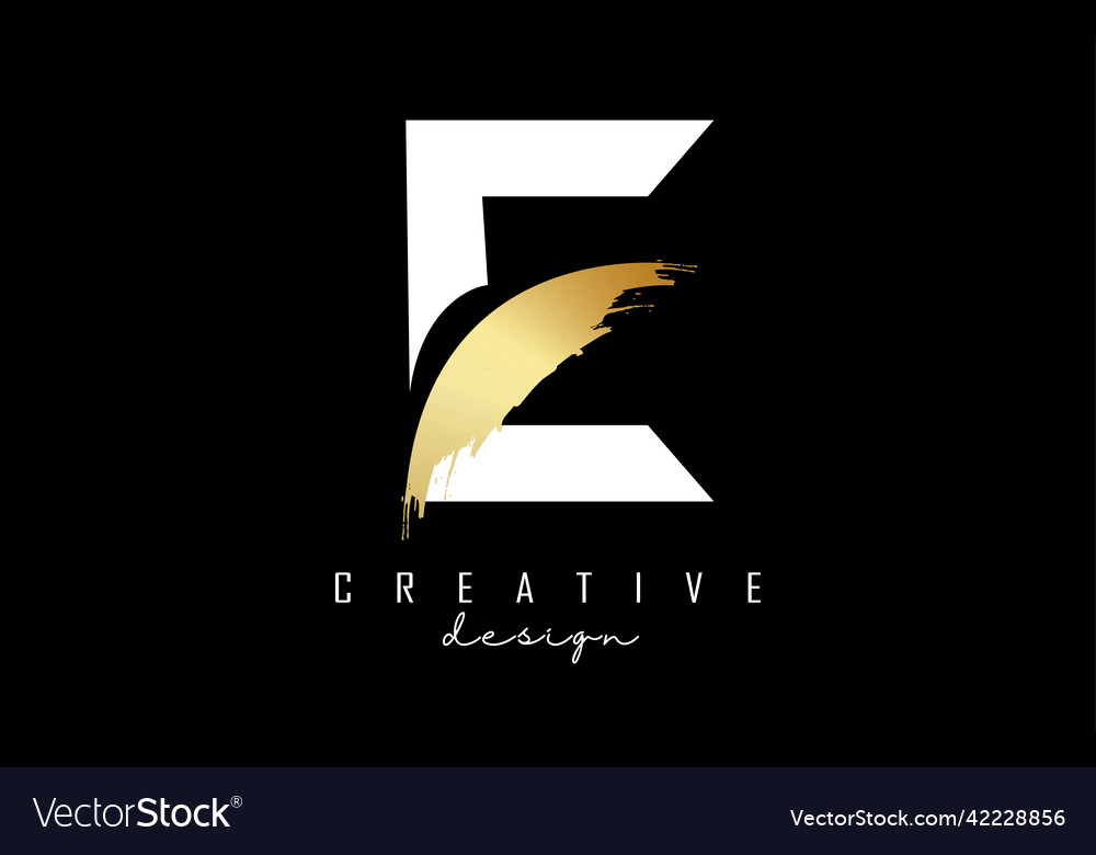 White letter e logo with golden brush stroke Vector Image