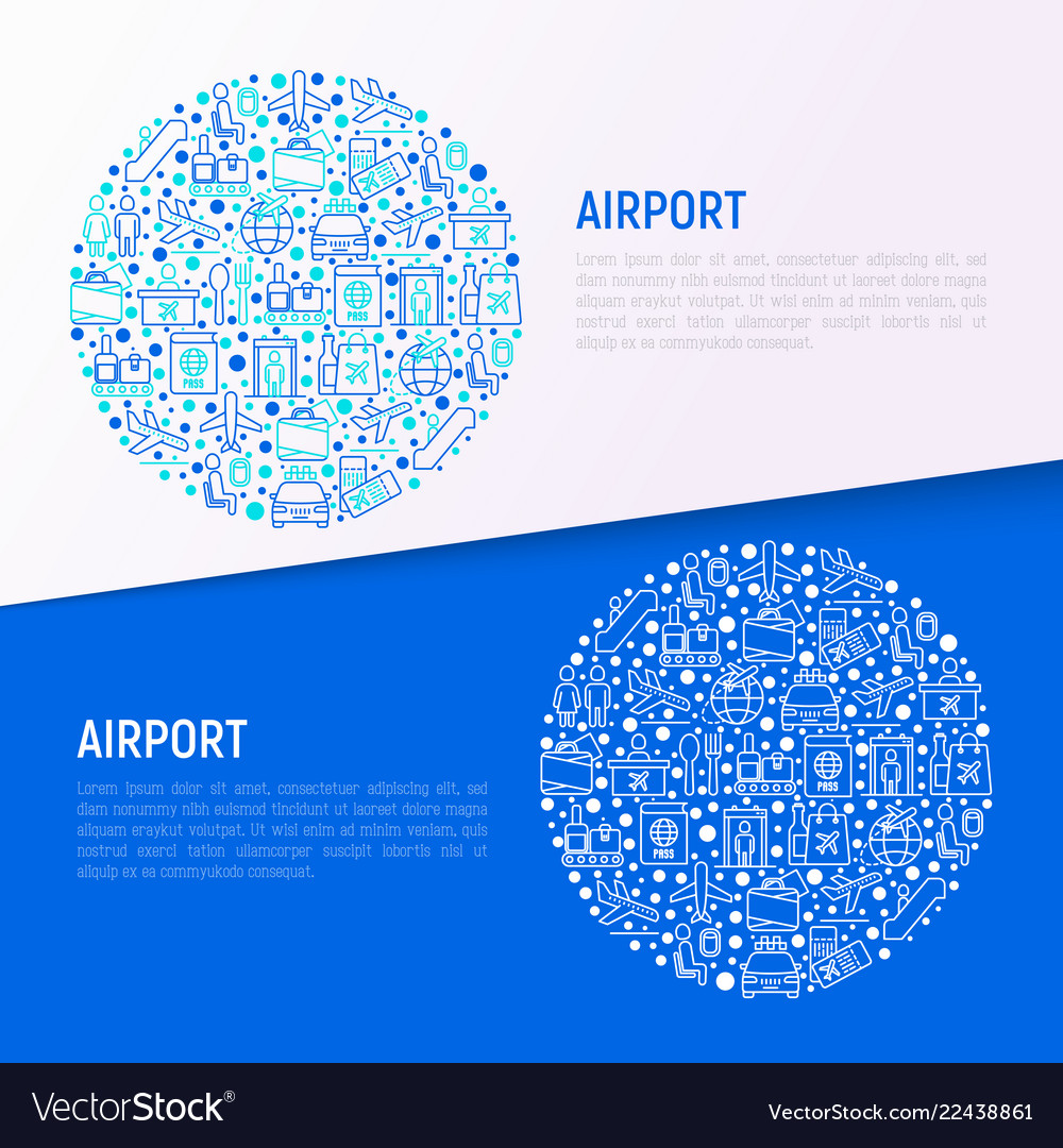 Airport concept in circle with thin line icons