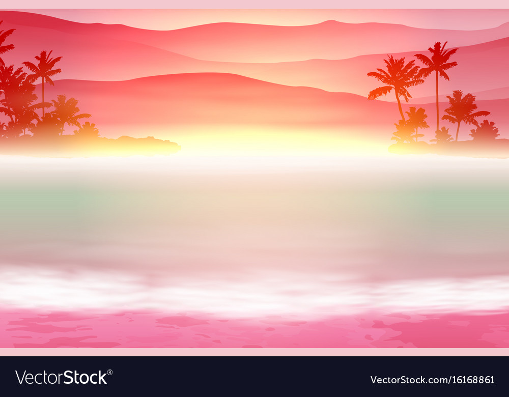 Background with sea and palm trees sunset time