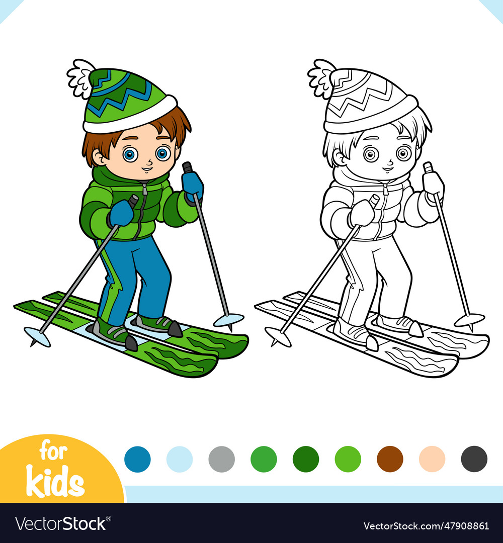 Coloring book for kids boy skiing Royalty Free Vector Image