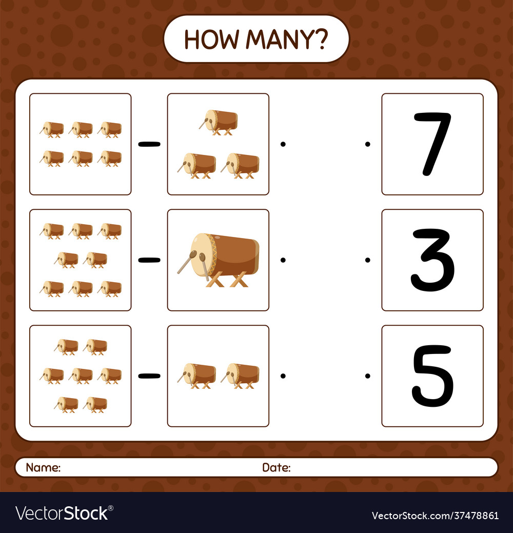 How many counting game with bedug drum worksheet Vector Image How many counting game with bedug drum worksheet
