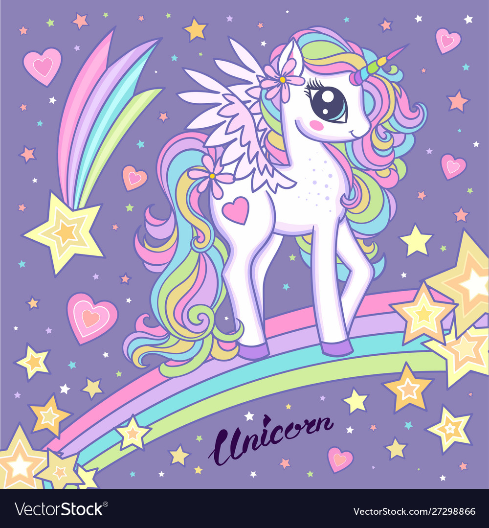 Cute magical unicorn on a rainbow among stars Vector Image