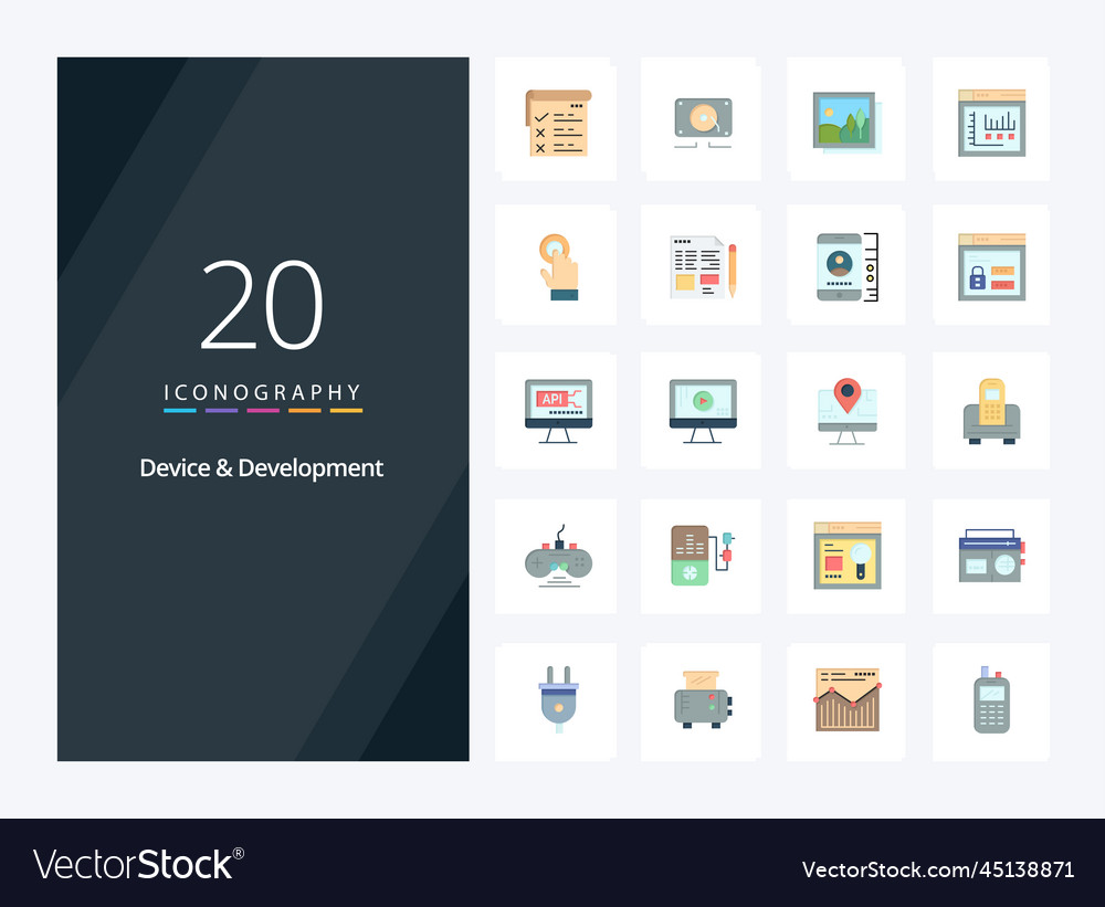 20 device and development flat color icon