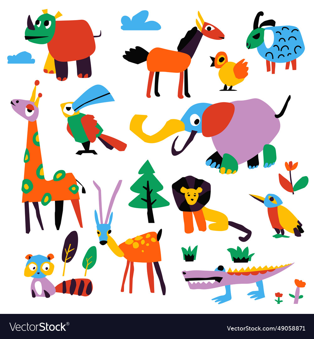 Animal characters and personages drawn by kid Vector Image