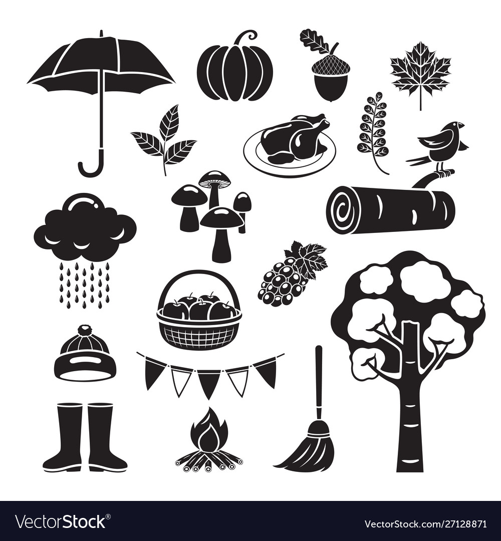 Autumn objects set monochrome vector image Autumn objects set monochrome