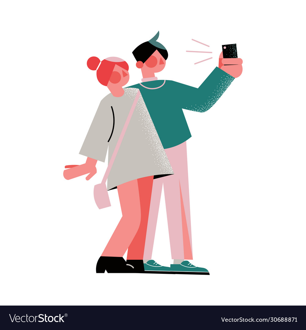 Hand drawn young couple making selfie Royalty Free Vector