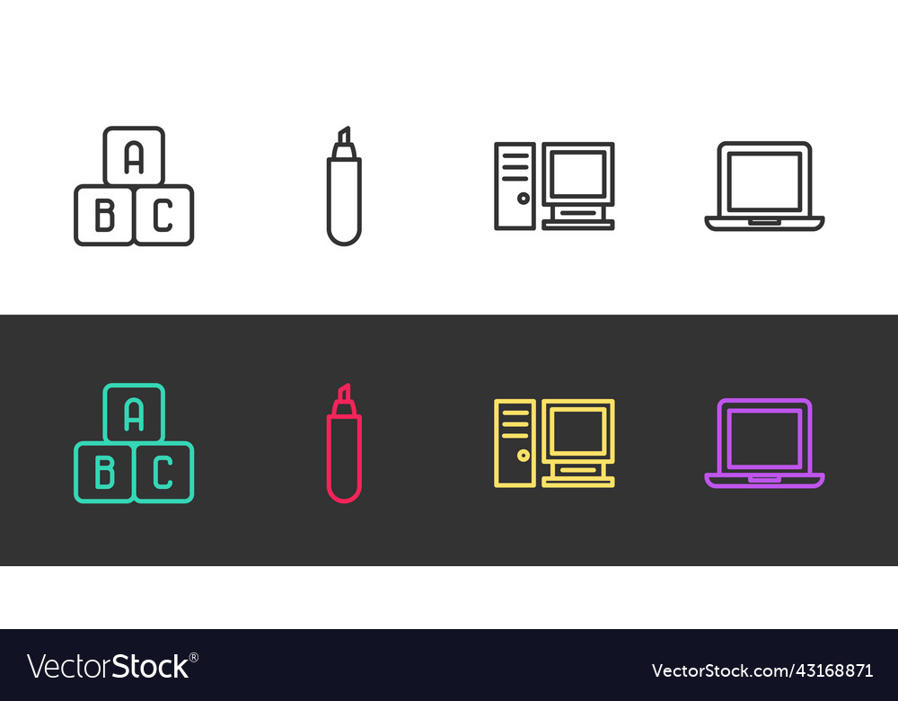 Set line abc blocks marker pen computer monitor vector image Set line abc blocks marker pen computer monitor