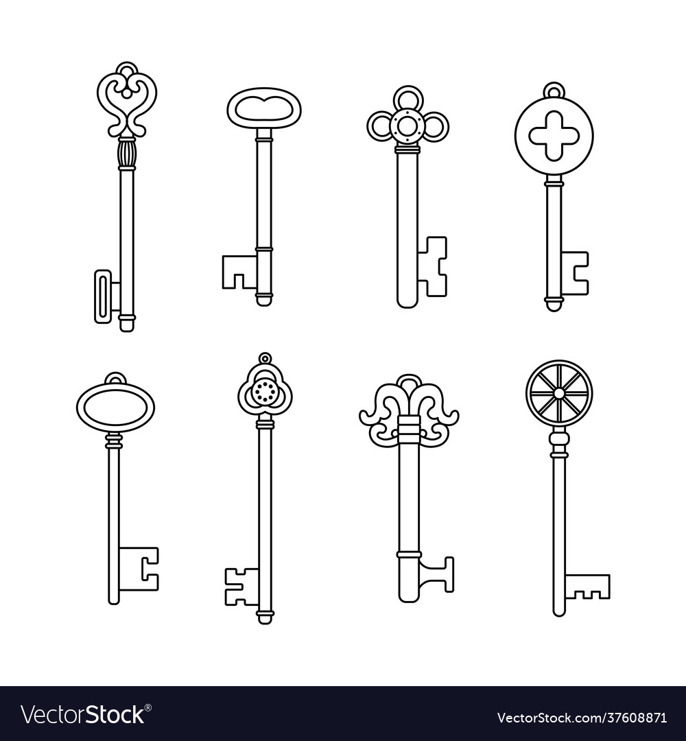 Set retro keys in outline style vector image Set retro keys in outline style
