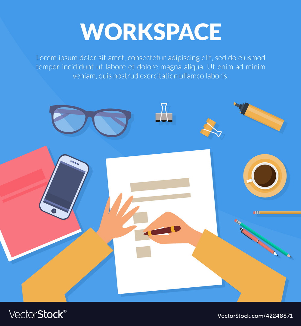 Workspace banner with objects rested on desk top vector image Workspace banner with objects rested on desk top