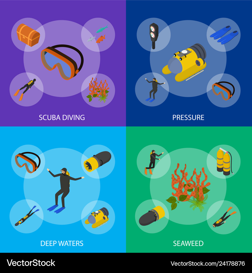 Scuba diving signs 3d banner set isometric view Vector Image