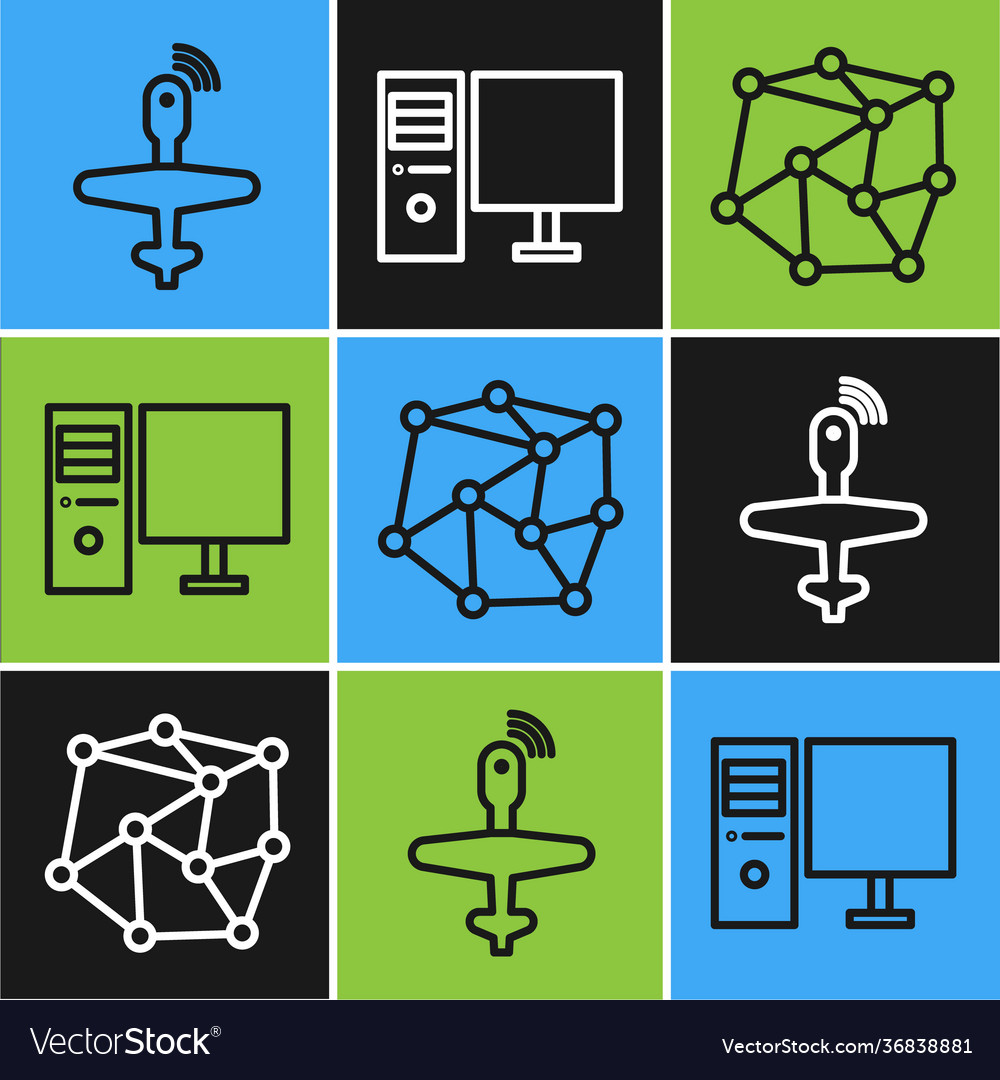 Set line uav drone neural network and computer Vector Image Set line uav drone neural network and computer