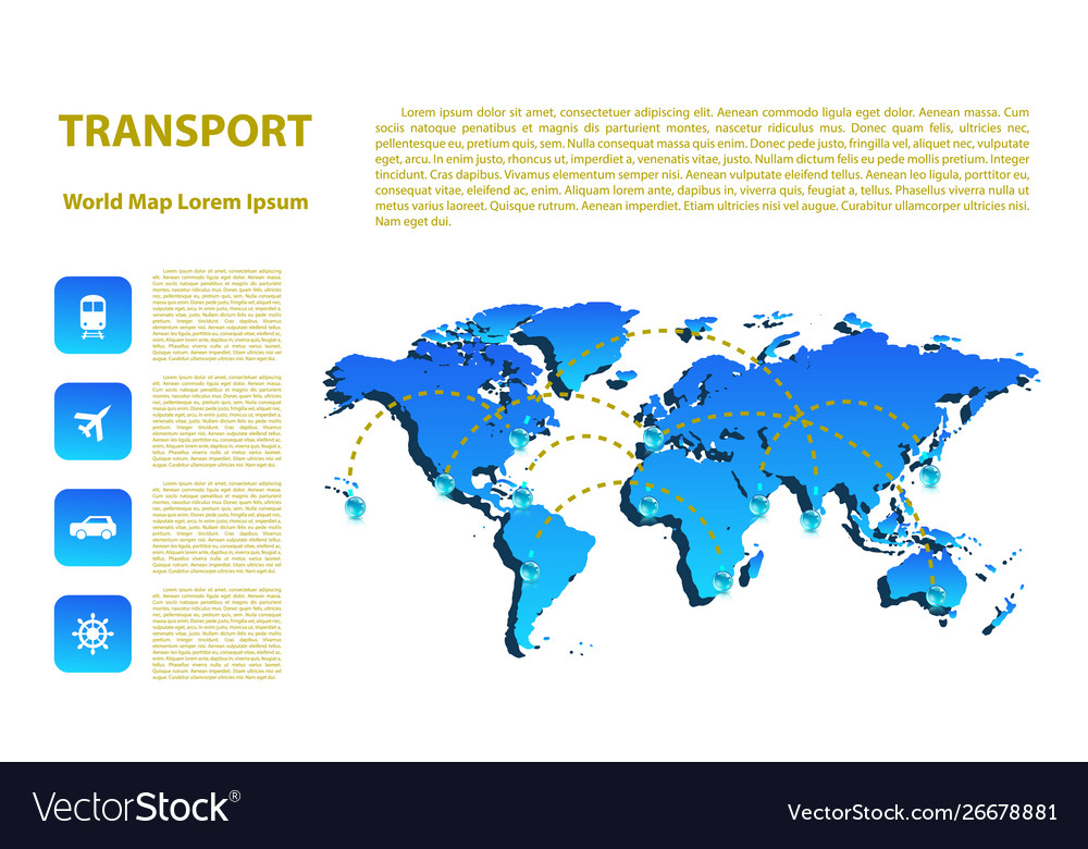 World map with different marks and transport vector image World map with different marks and transport
