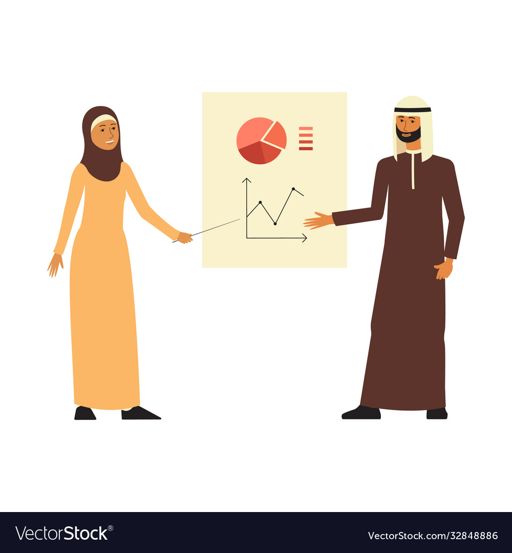 Arab business man and woman stand presenting