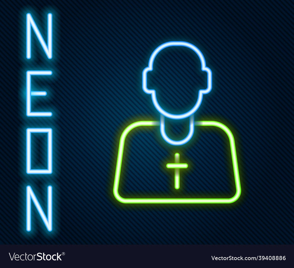 Glowing neon line priest icon isolated on black