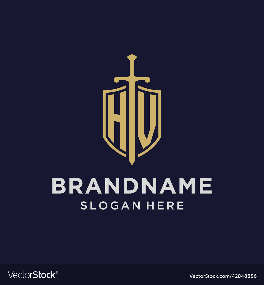 Hv logo initial monogram with shield and sword Vector Image Hv logo initial monogram with shield and sword