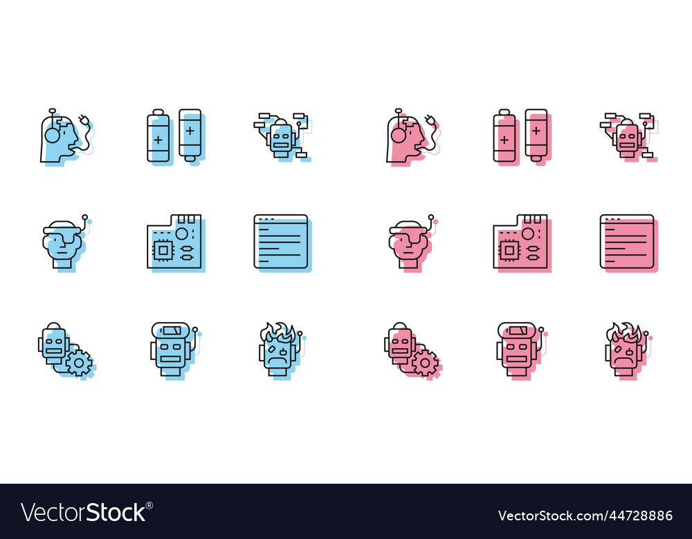 Set line robot setting low battery charge vector image Set line robot setting low battery charge
