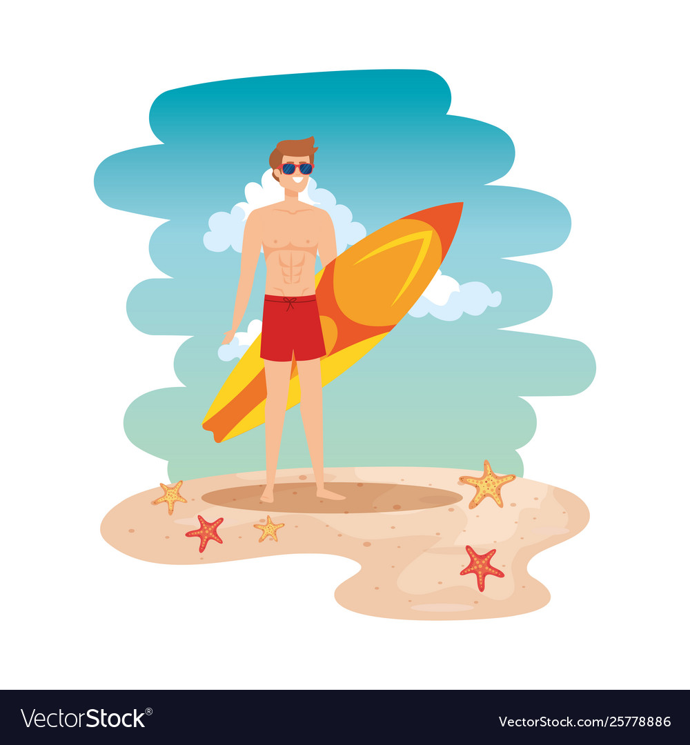 Young man with swimsuit and surfboard on beach vector image Young man with swimsuit and surfboard on beach