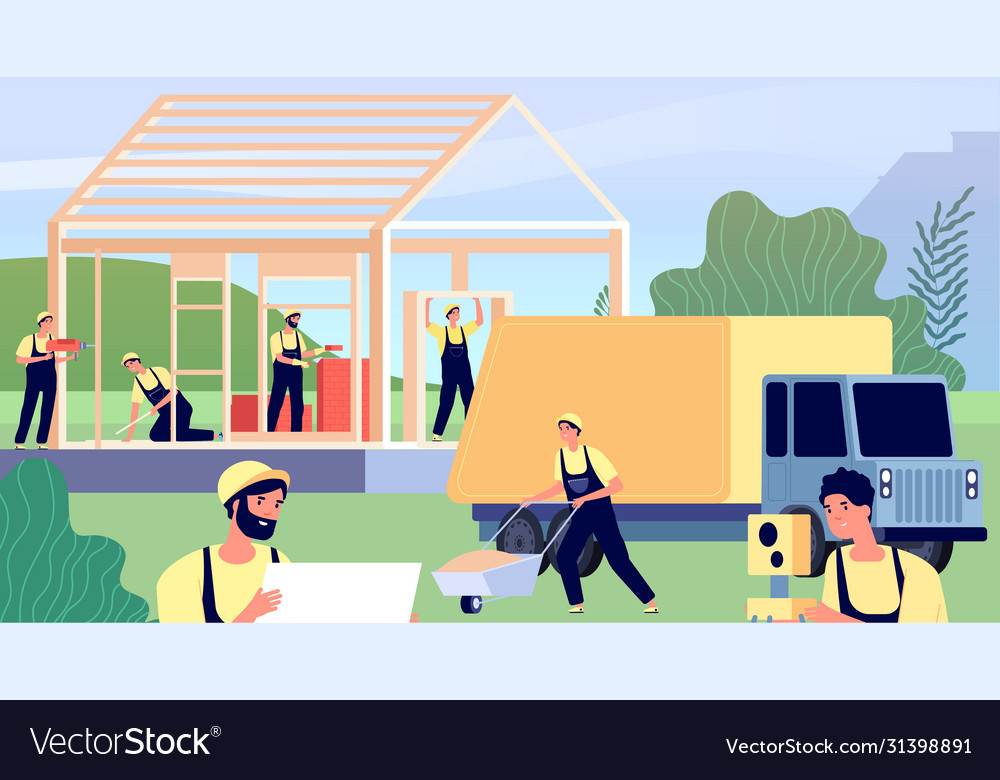 Builders Building House Construction Worker Vector Image