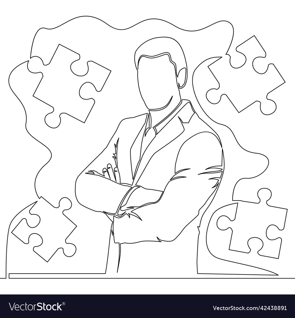 Continuous line businessman solves a puzzle vector image Continuous line businessman solves a puzzle