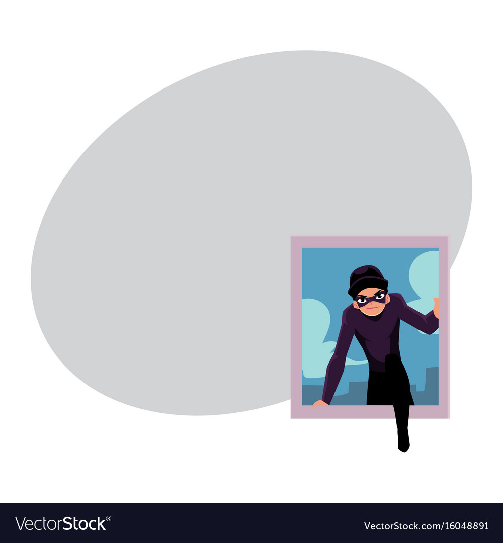 Thief burglar in black disguise breaking