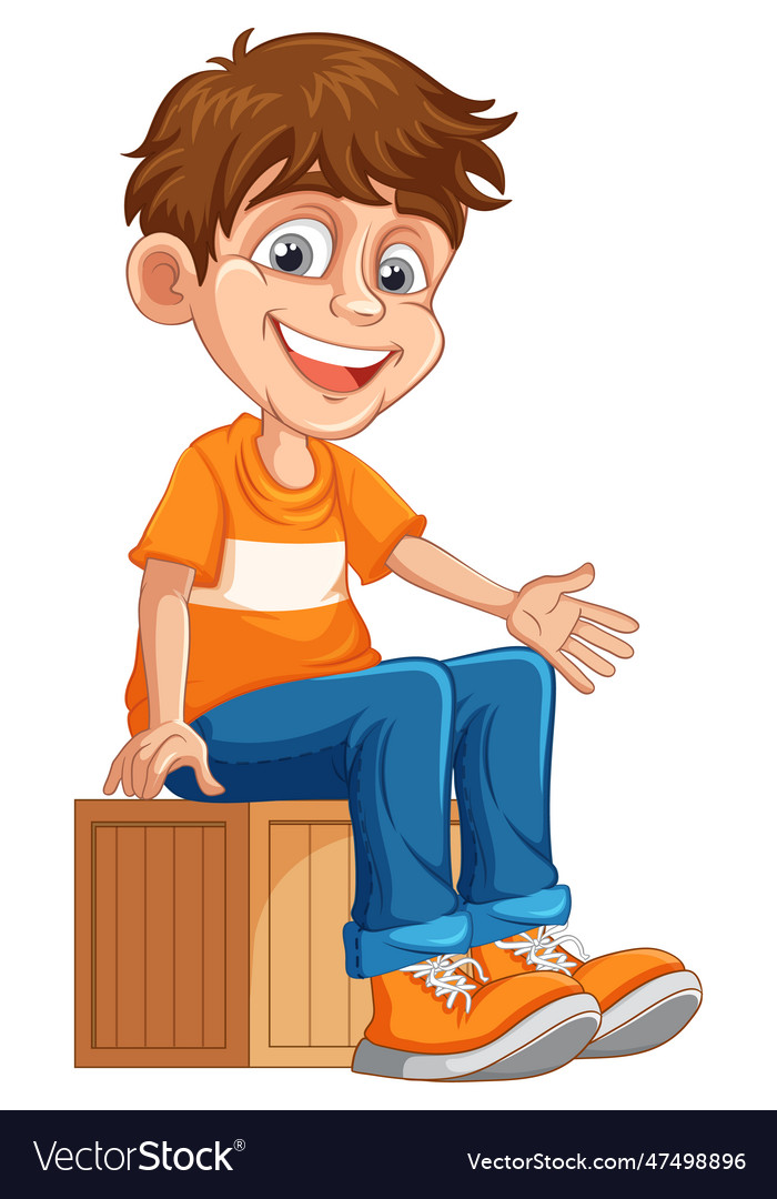 Cheerful boy sitting on wooden box cartoon Vector Image