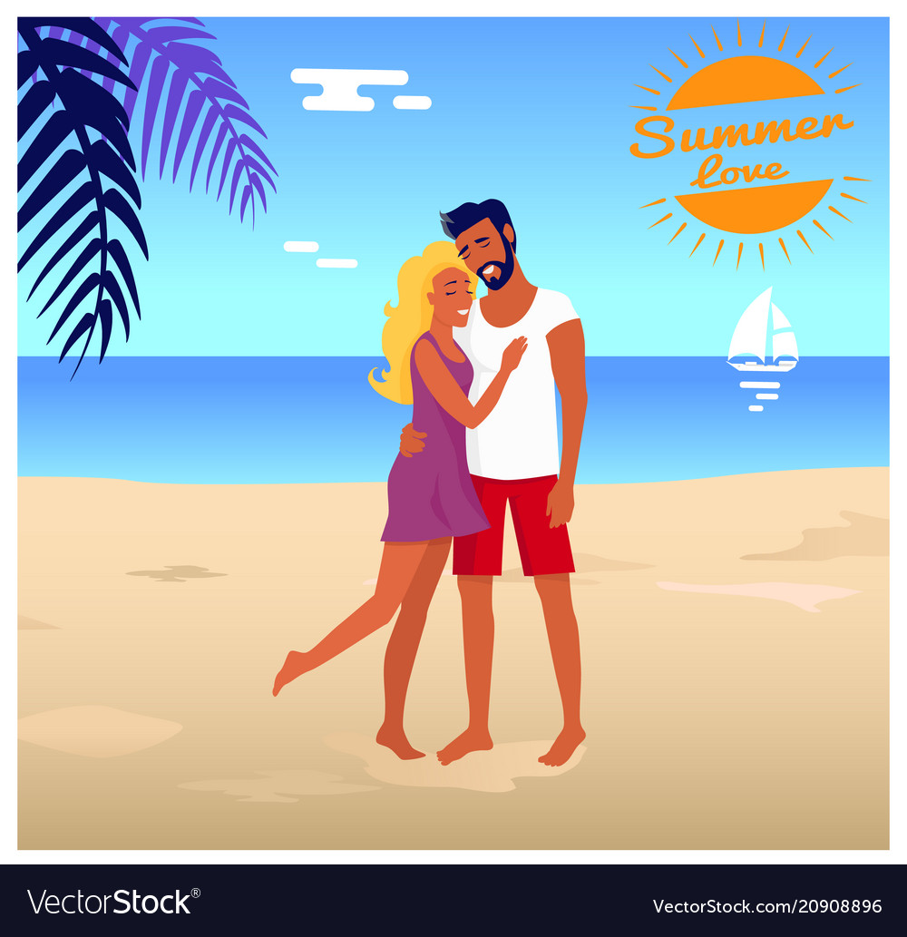 Couple stands and hugs on beach in palm shade