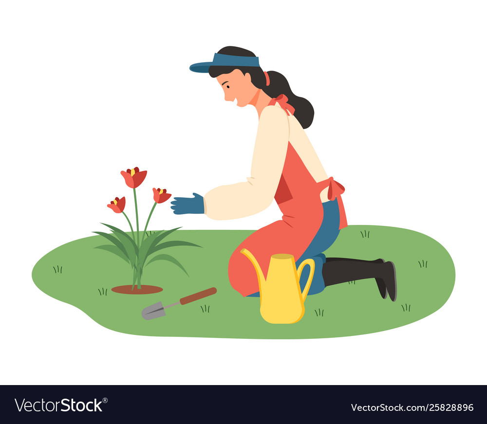 Farming woman in garden with flowers and tools