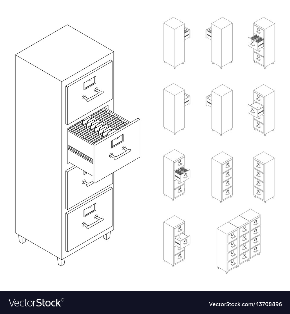 Line large isometric set of drawers with documents